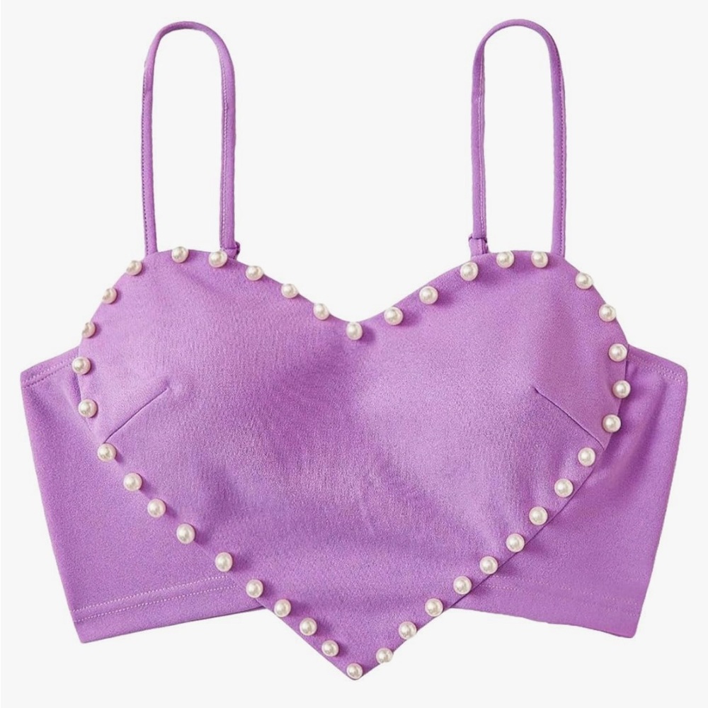 WDIRARA Women's Pearls Sleeveless Asymmetrical Hem
Heart Crop Cami Top Small New